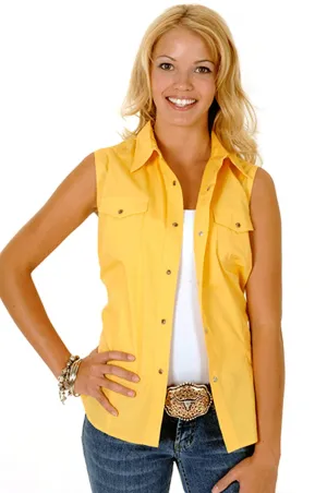 Roper Womens Yellow 100% Cotton Sleeveless Solid Poplin Snap Western Shirt Performance Fabric Lightweight Layers Premium Comfort Roper Womens Yellow 100% Cotton Sleeveless Solid Poplin Snap Western Shirt