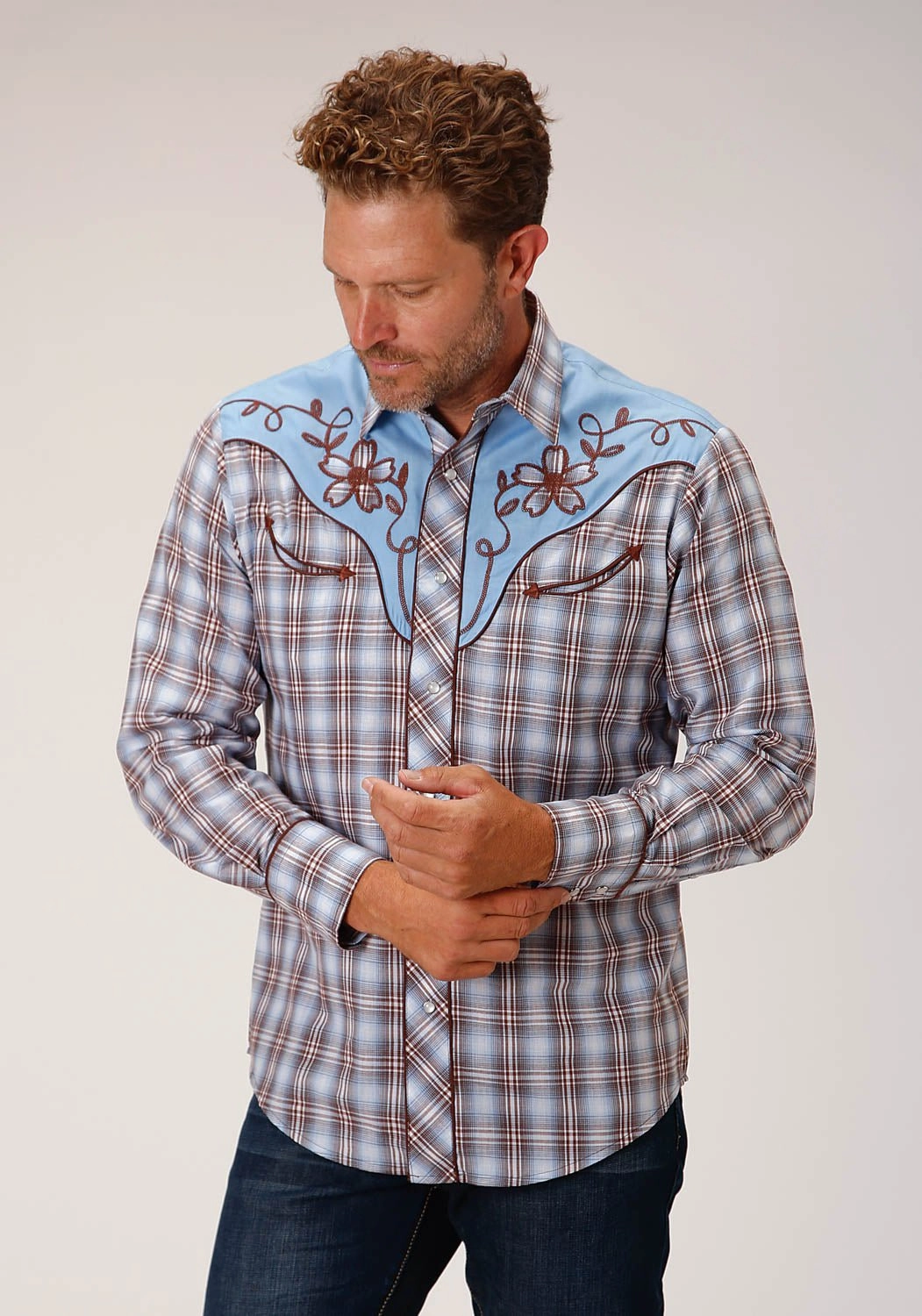 Roper Mens 1634 Plaid Fancy Blue/Chocolate Cotton Blend L/S Shirt Comfy Fit Anti Cling Fabric
