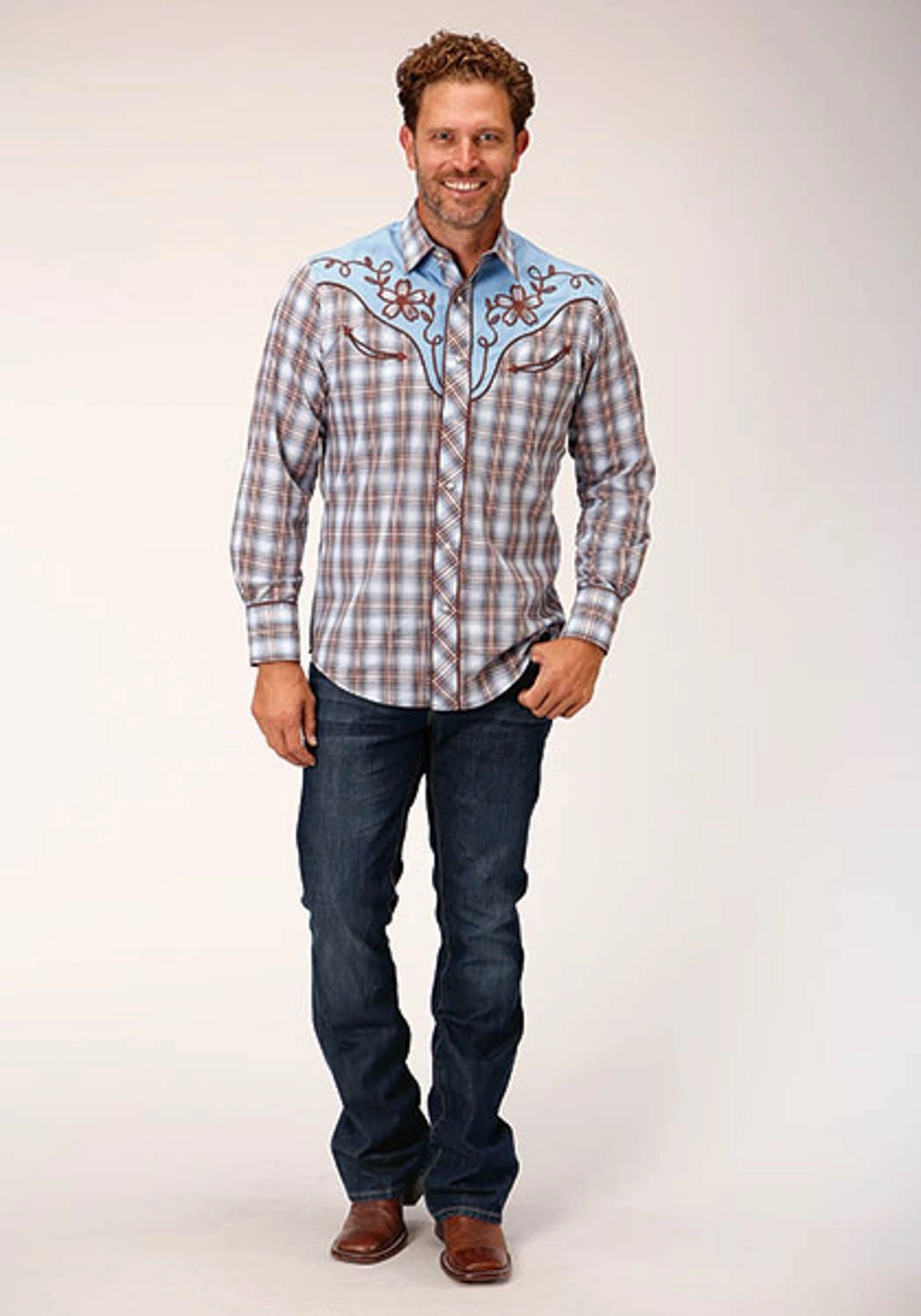 Fast Drying Roper Mens 1634 Plaid Fancy Blue/Chocolate Cotton Blend L/S Shirt