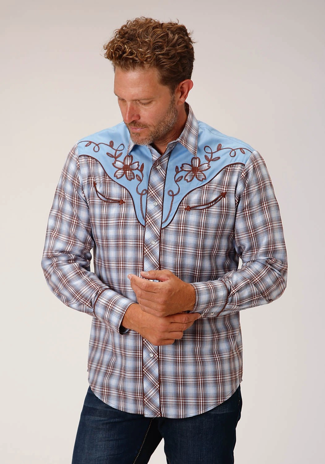 Roper Mens 1634 Plaid Fancy Blue/Chocolate Cotton Blend L/S Shirt Button front Work Appropriate