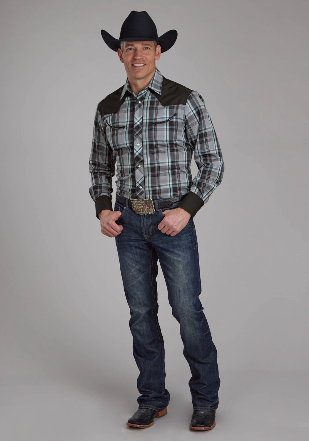 All-day Comfort Roper Mens 2105 Plaid Retro Grey/Black Cotton Blend L/S Shirt