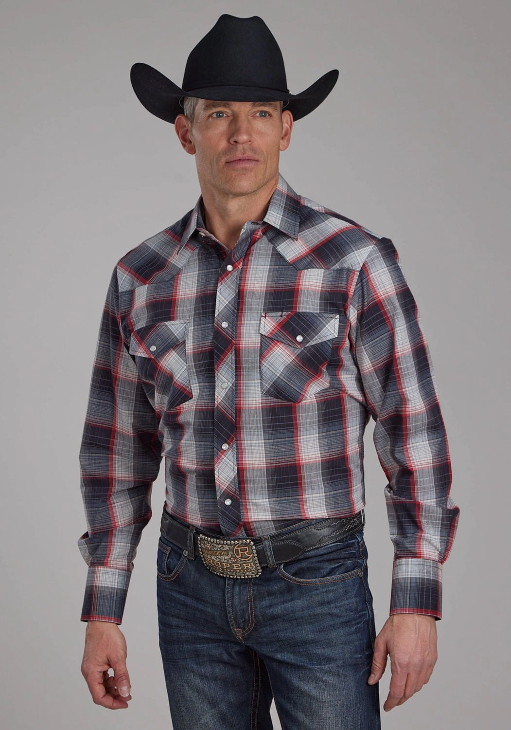 Polished Style Roper Mens 2109 Plaid Black/Red/Grey Cotton Blend L/S Shirt