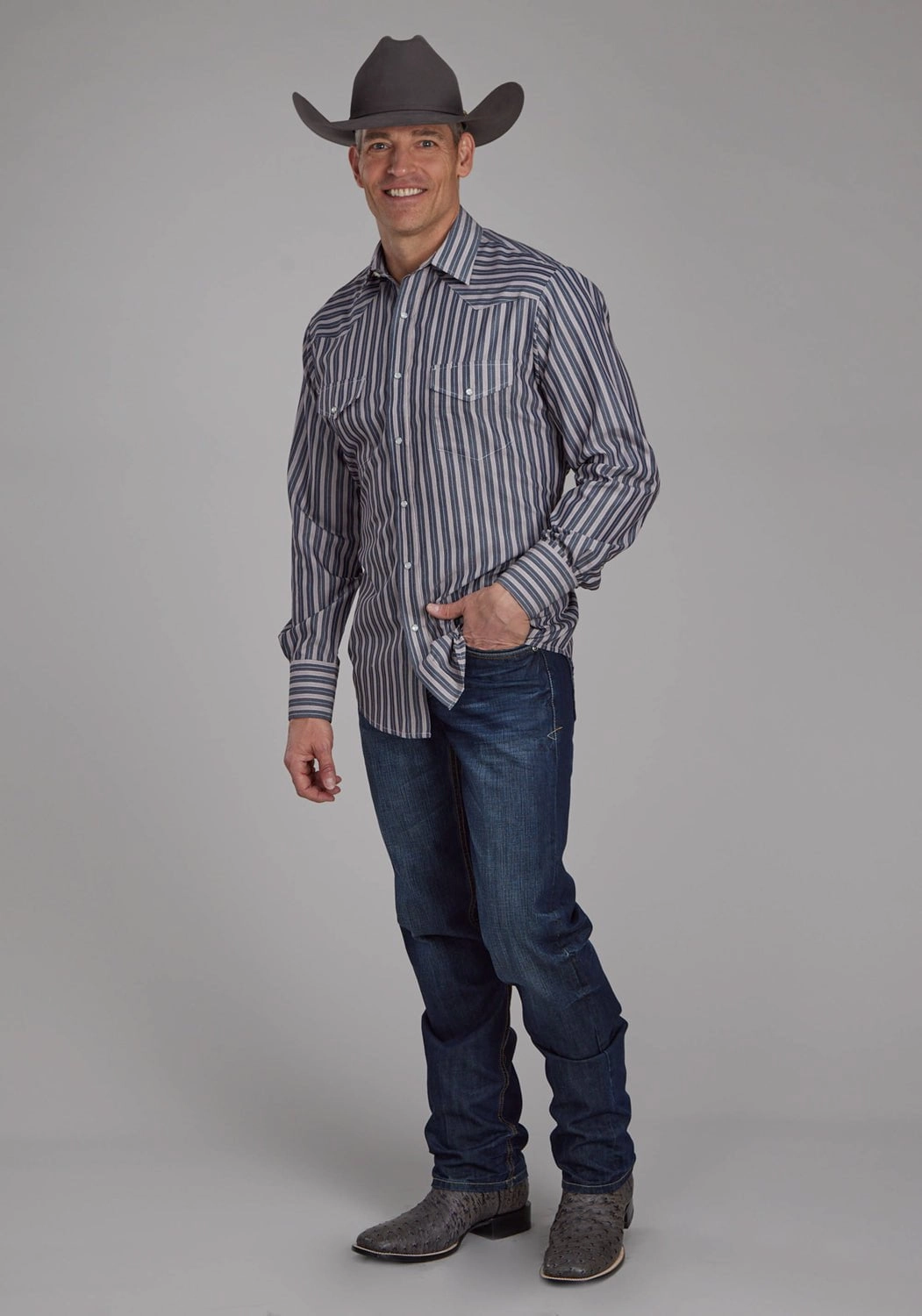First Date Roper Mens 2113 Stripe Dark Charcoal Grey Poly/Cotton L/S Shirt
