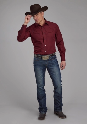 Roper Mens 2124 Broadcloth Wine Cotton Blend L/S Shirt Button-up Roper Mens 2124 Broadcloth Wine Cotton Blend L/S Shirt Chilly Weather Wear Go-To Look