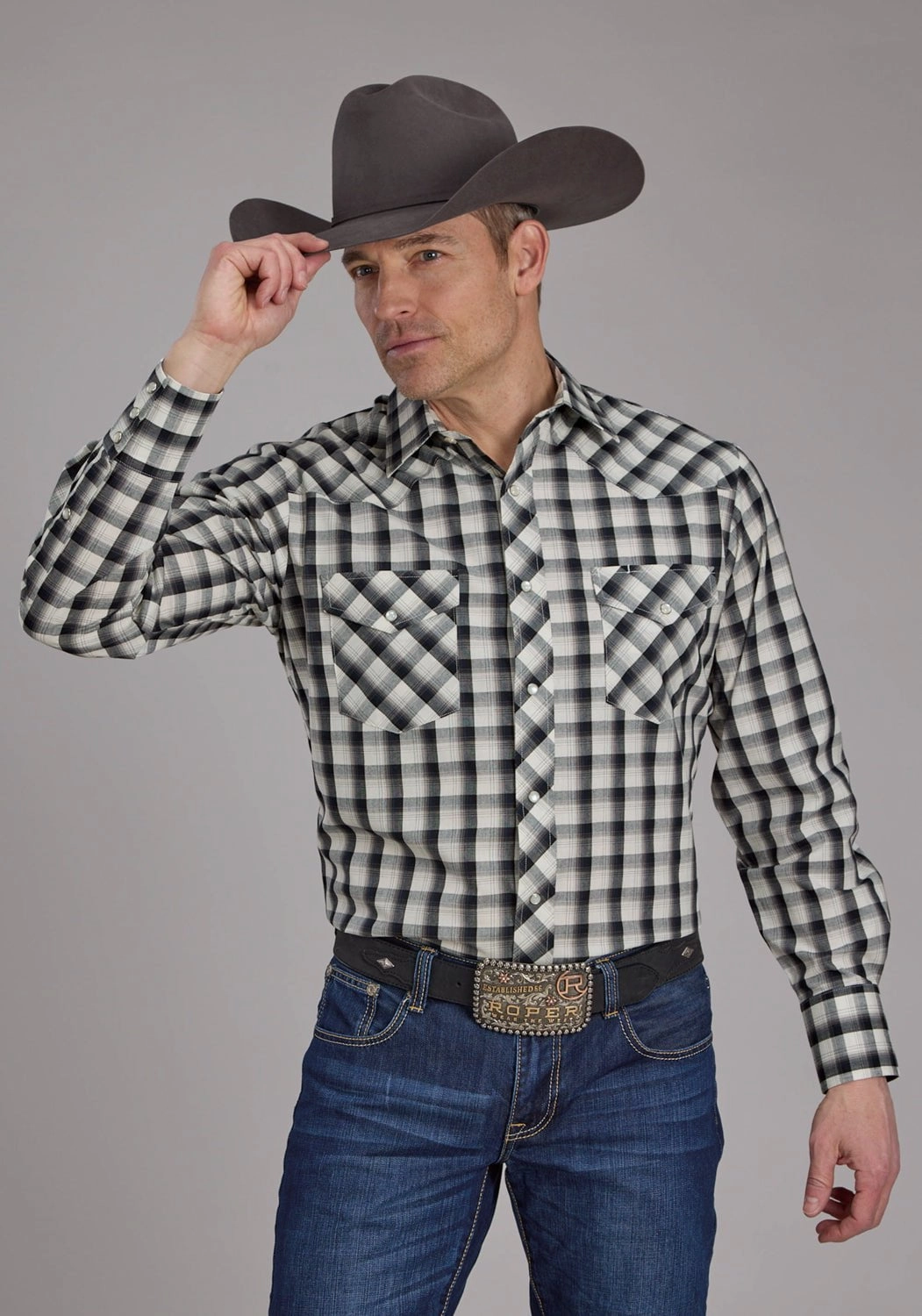 Roper Mens 2125 Plaid Blue/Black Cotton Blend L/S Shirt Warm Weather Wear
