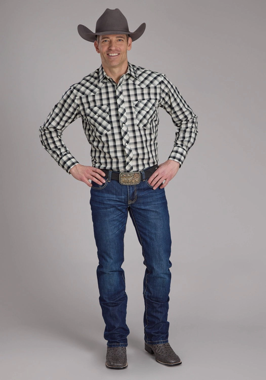 Roper Mens 2125 Plaid Blue/Black Cotton Blend L/S Shirt Camouflage Print Chilly Weather Wear