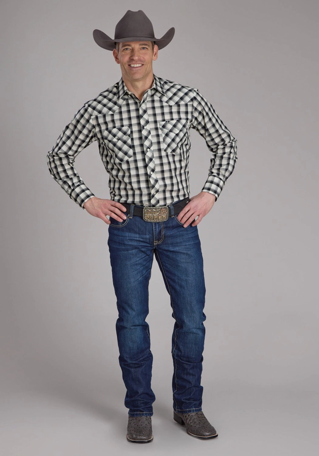 Nautical Look Gradient effect Roper Mens 2125 Plaid Blue/Black Cotton Blend L/S Shirt