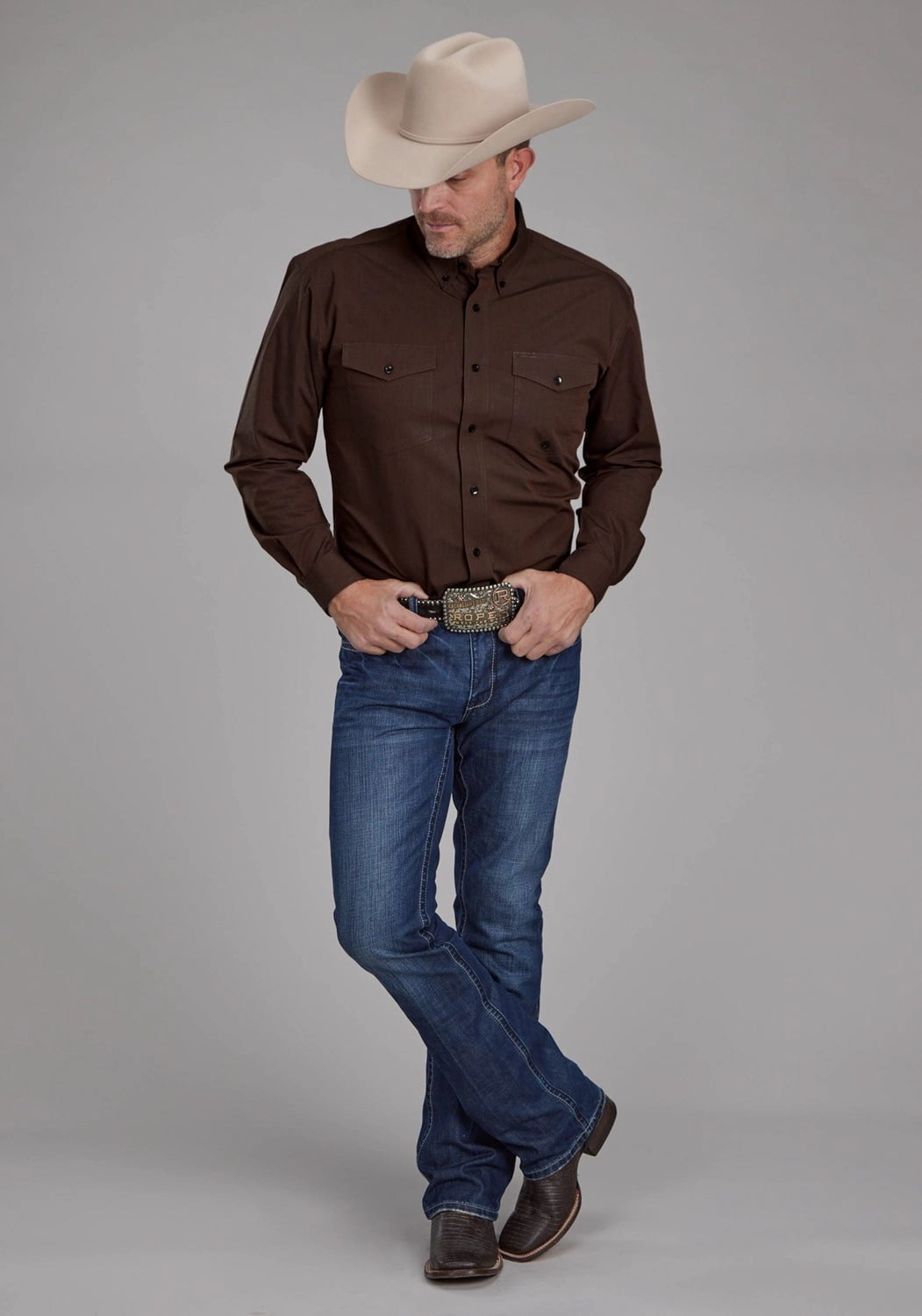 Poolside Lounge Roper Mens 2162 Black Fill Brown 100% Cotton Btn L/S Shirt