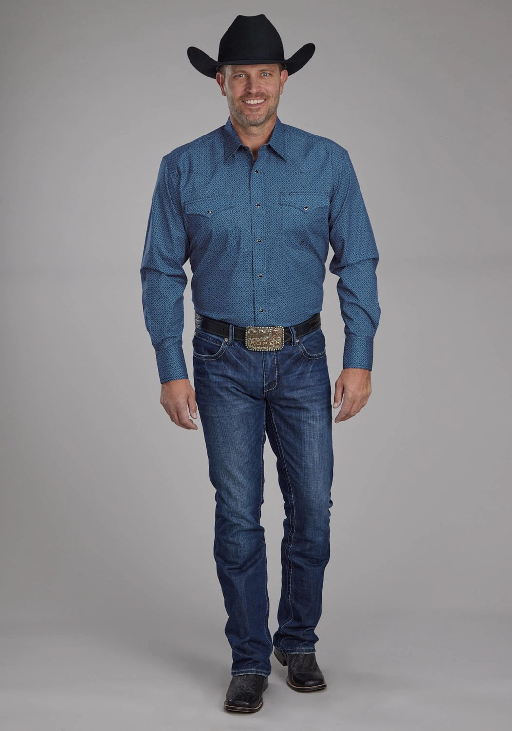 Smart Layering Roper Mens 2163 Diamond Print Blue Cotton Blend Tall L/S Shirt