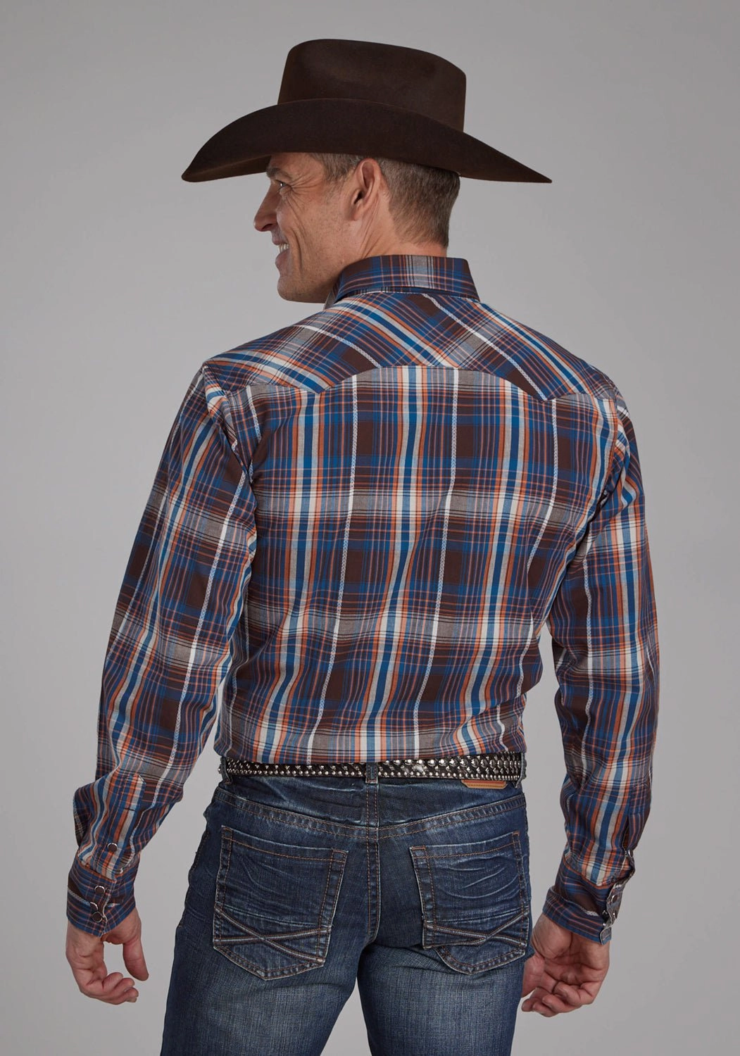 Stylish Appearance Roper Mens 2176 Arrow Dobby Brown/Blue 100% Cotton L/S Shirt