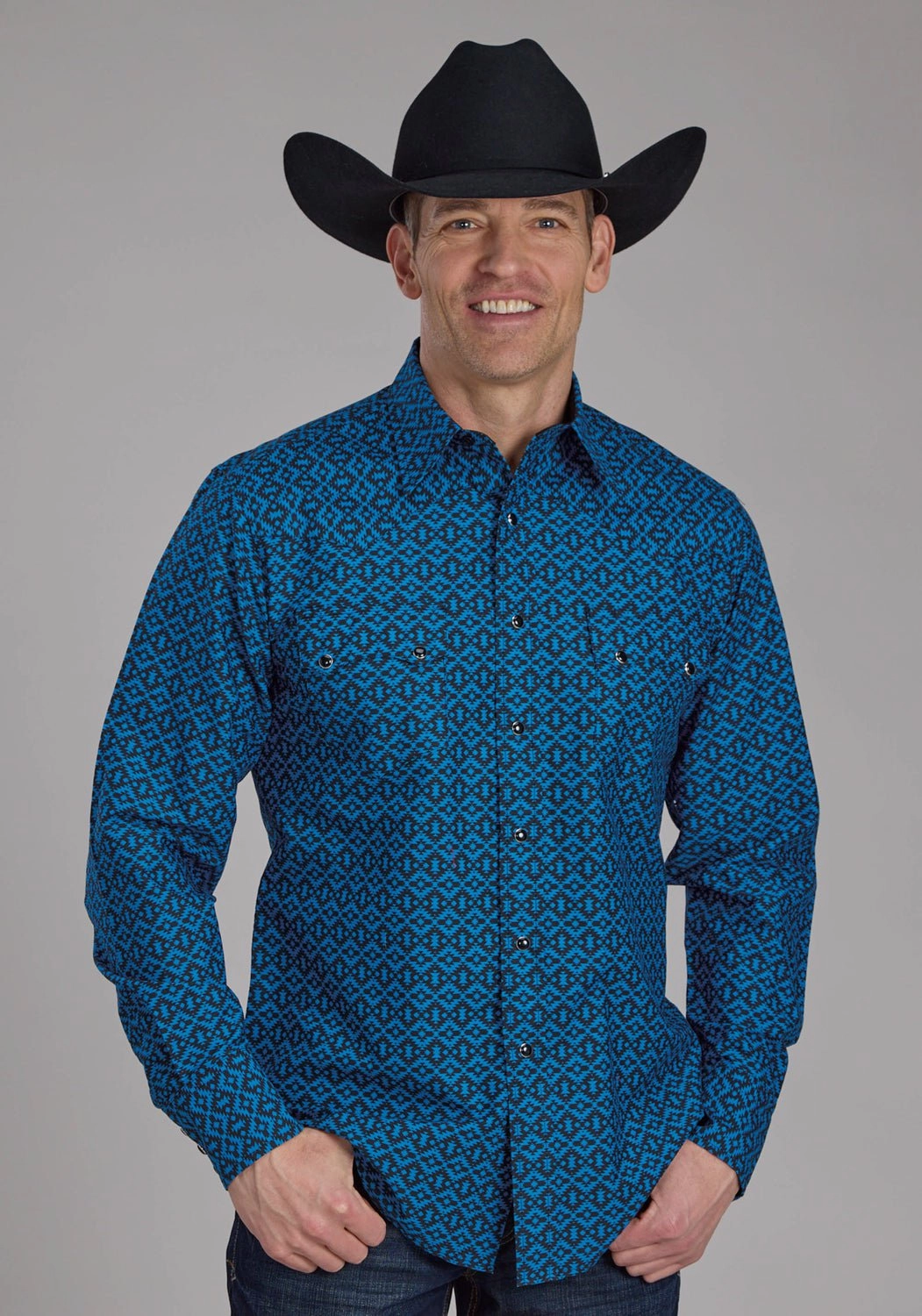 Roper Mens 2181 Aztec Tile Blue 100% Cotton L/S Shirt Animal Print Fitted Silhouette