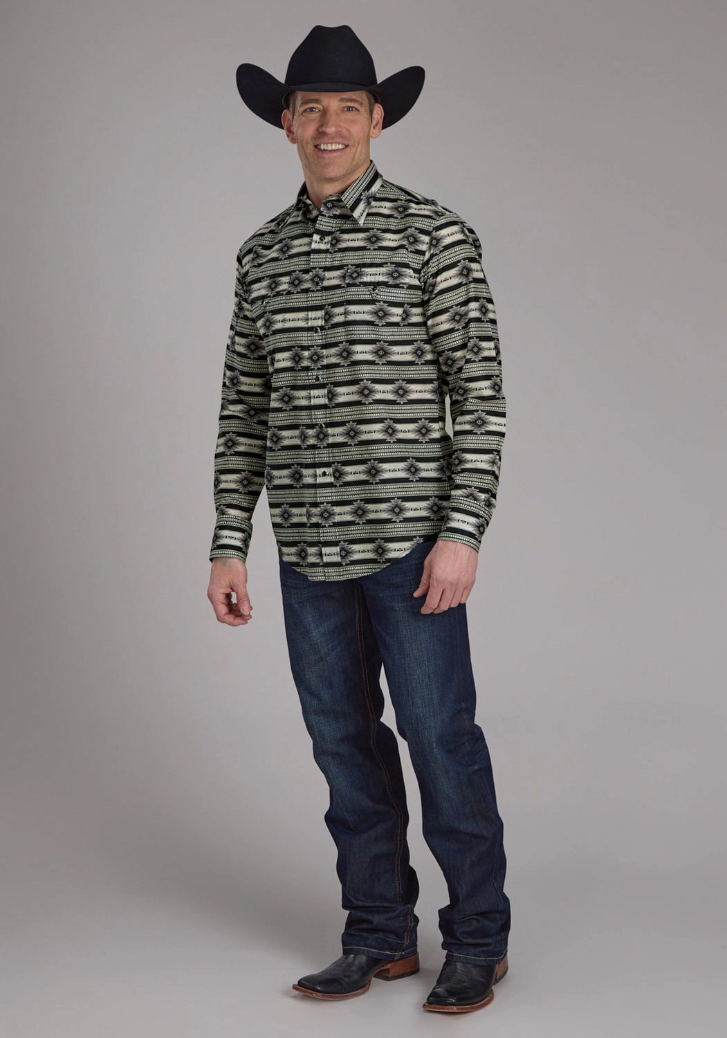 Compact Packing Quality Wear Roper Mens 2182 Santa Fe Aztec Black 100% Cotton L/S Shirt