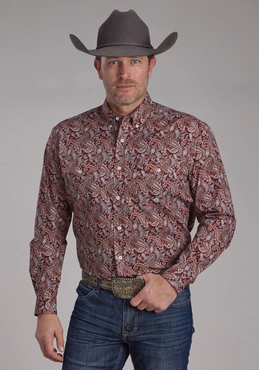 Roper Mens 2242 Sangria Paisley Wine 100% Cotton Btn L/S Shirt Workwear Ready Neutral Tones