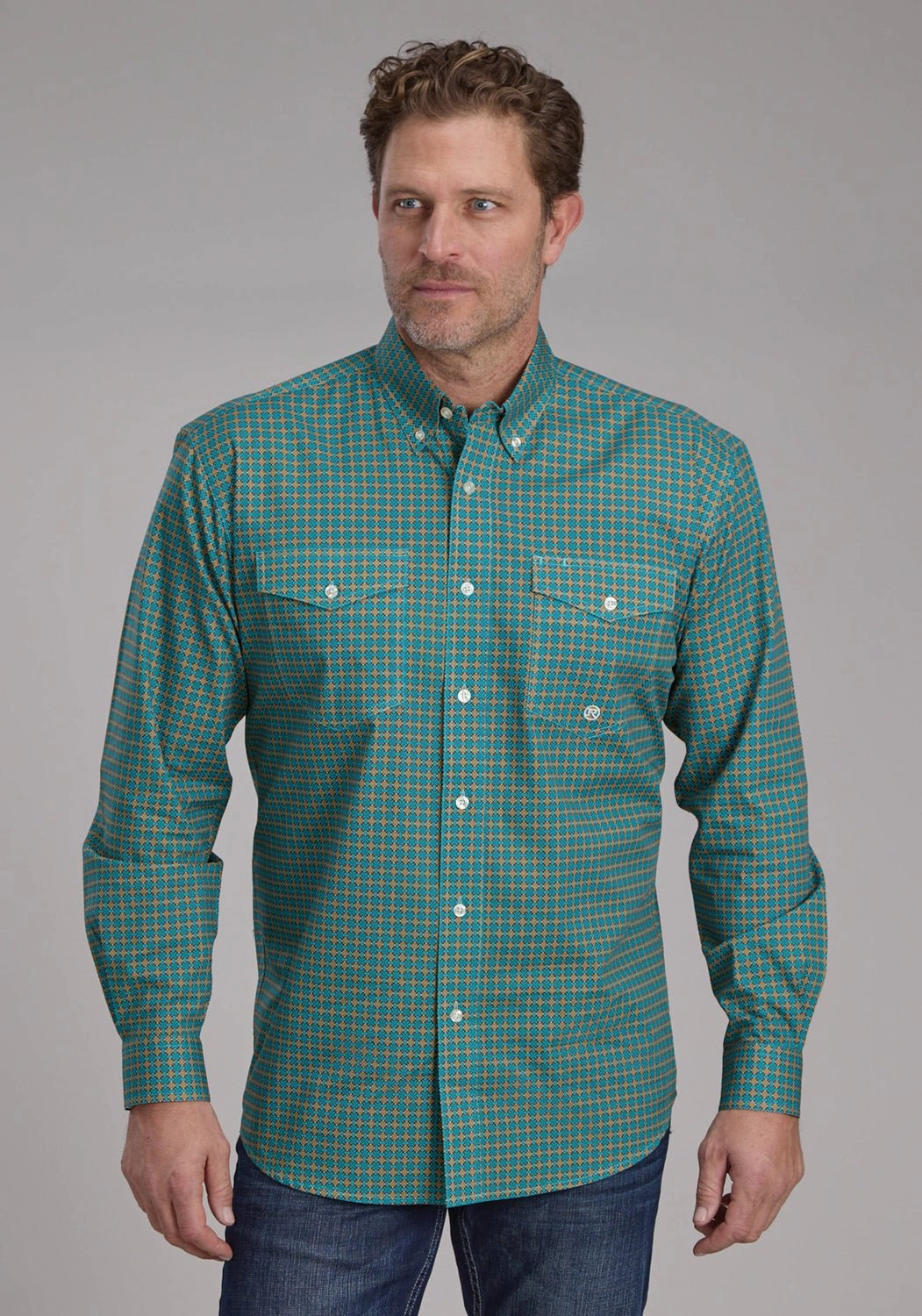 Durable Stitching Weekend Adventure Roper Mens 2244 Castile Foulard Turquoise 100% Cotton Btn L/S Shirt