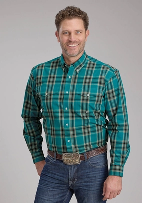 Roper Mens 2246 Real Plaid Teal 100% Cotton Btn L/S Shirt Classic Look Ruffle Edge Lightweight Comfort Roper Mens 2246 Real Plaid Teal 100% Cotton Btn L/S Shirt