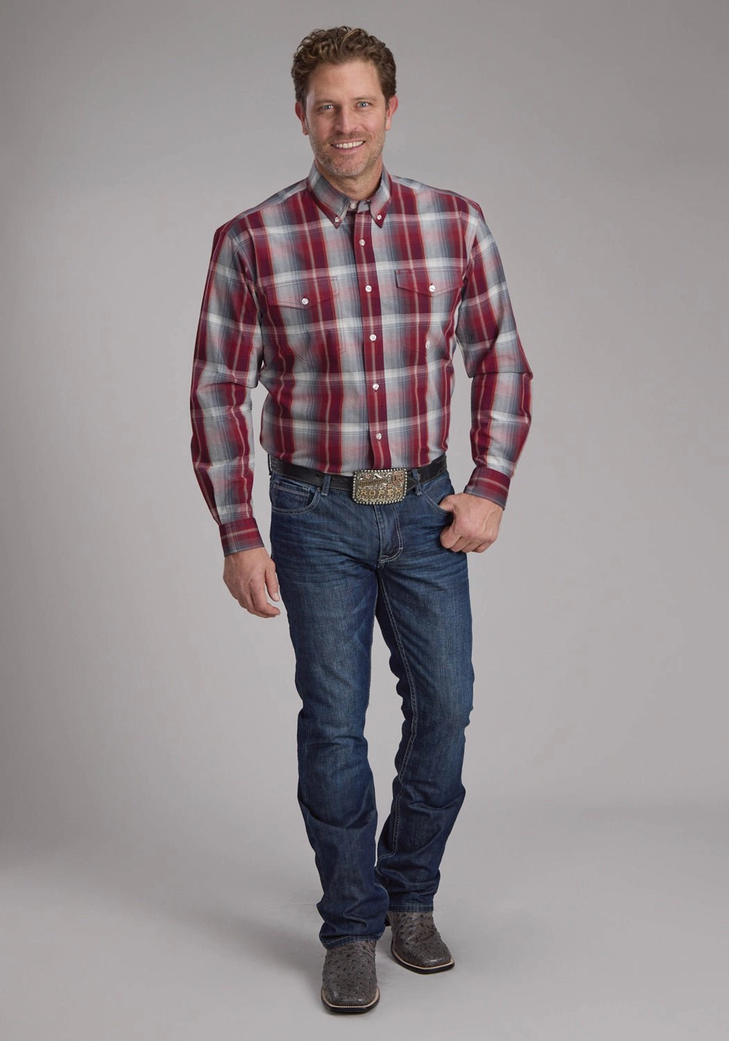 Roper Mens 2248 Plaid Wine/Smoke 100% Cotton Btn L/S Shirt Floral Motif