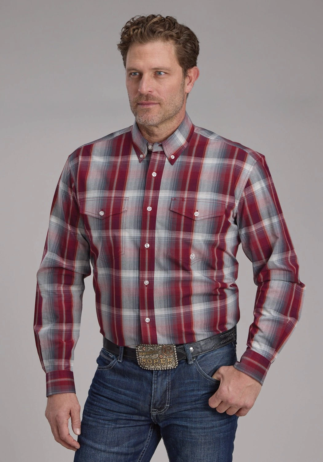 Tailored Cuffs Roper Mens 2248 Plaid Wine/Smoke 100% Cotton Btn L/S Shirt