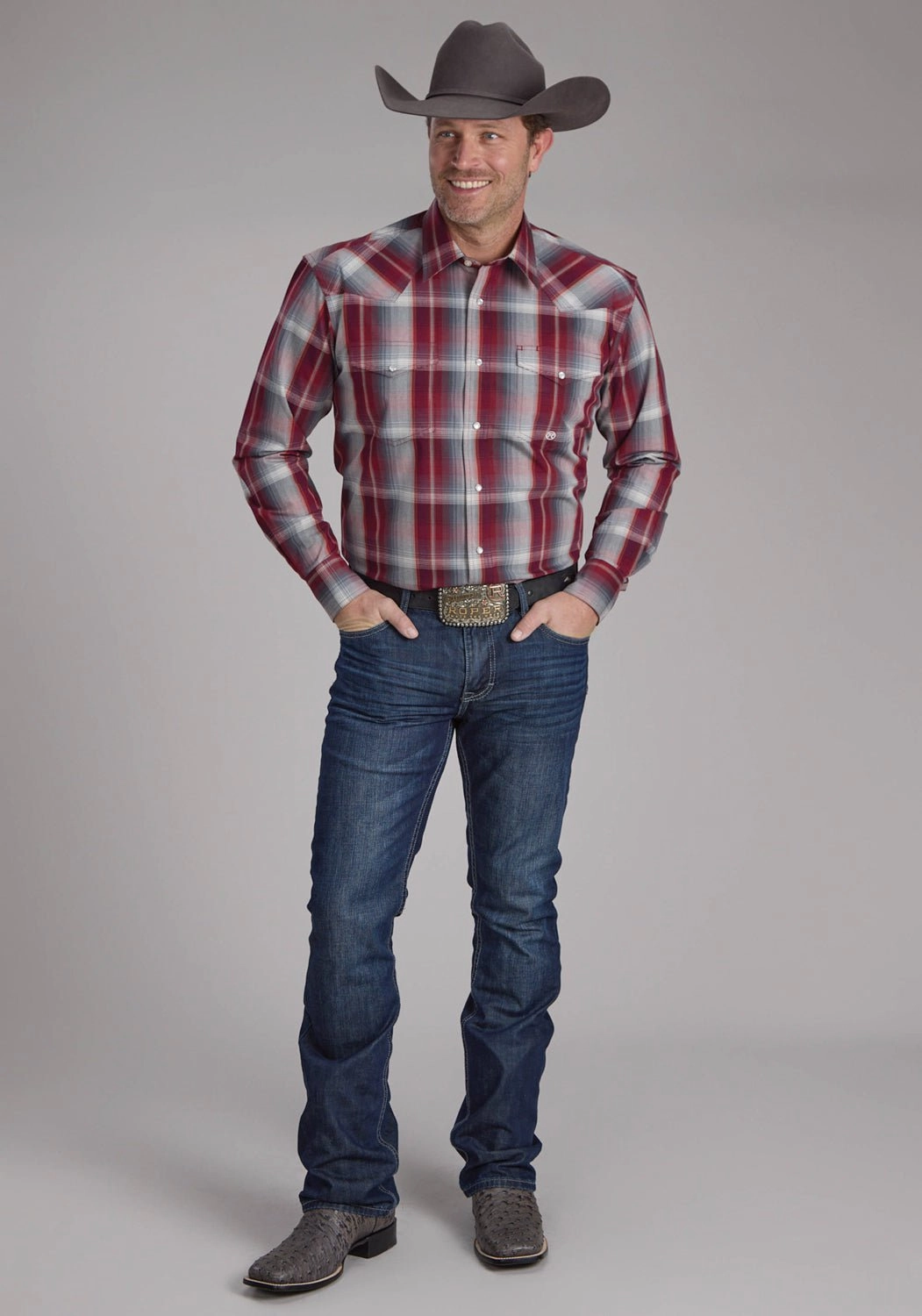 ethical fashion Recycled Polyester Blend Roper Mens 2248 Plaid Wine/Smoke 100% Cotton L/S Shirt