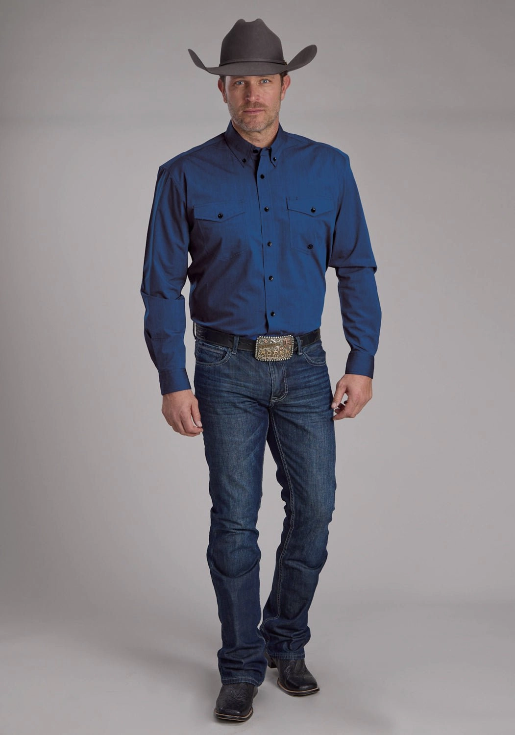Effortless Style Plus Size Fit Roper Mens 2249 Black Fill Blue 100% Cotton Btn L/S Shirt