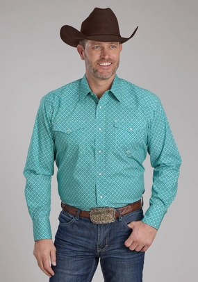 Roper Mens 2250 Four Point Foulard Turquoise Cotton Blend L/S Shirt Embellished Neckline Creative Professional Patterned Texture Roper Mens 2250 Four Point Foulard Turquoise Cotton Blend L/S Shirt