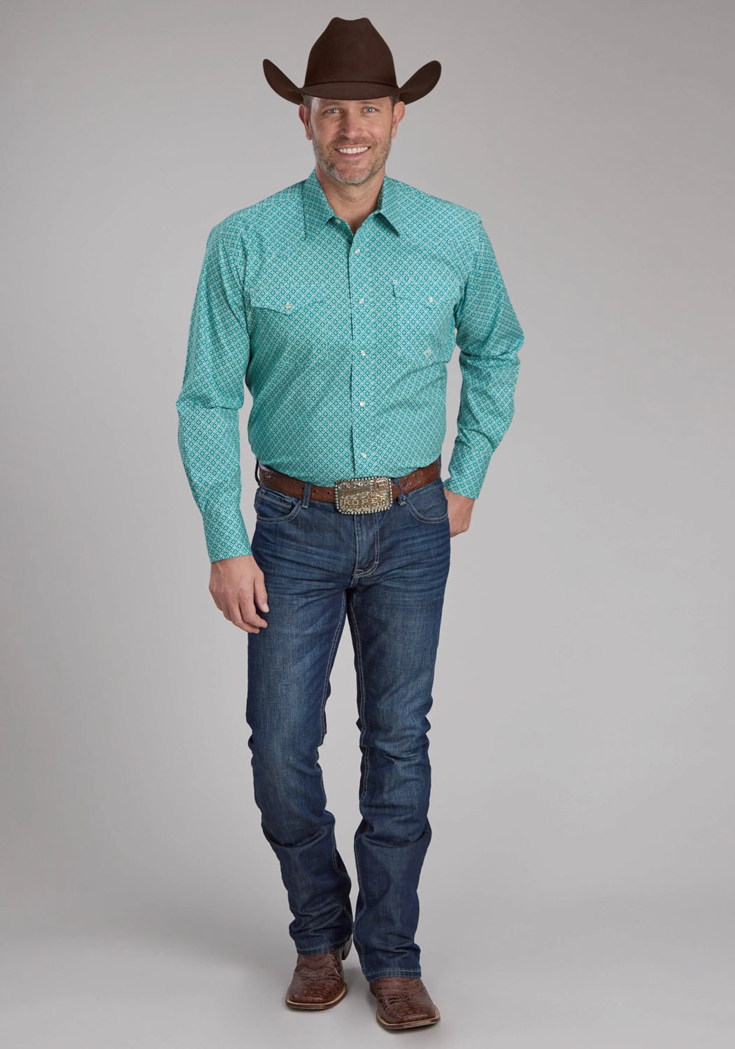 Roper Mens 2250 Four Point Foulard Turquoise Cotton Blend L/S Shirt Ergonomic Back Panel Soft Touch Fabric