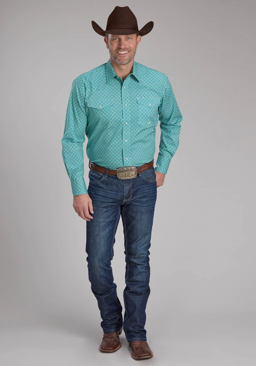 Roper Mens 2250 Four Point Foulard Turquoise Cotton Blend L/S Shirt Multipocket Style