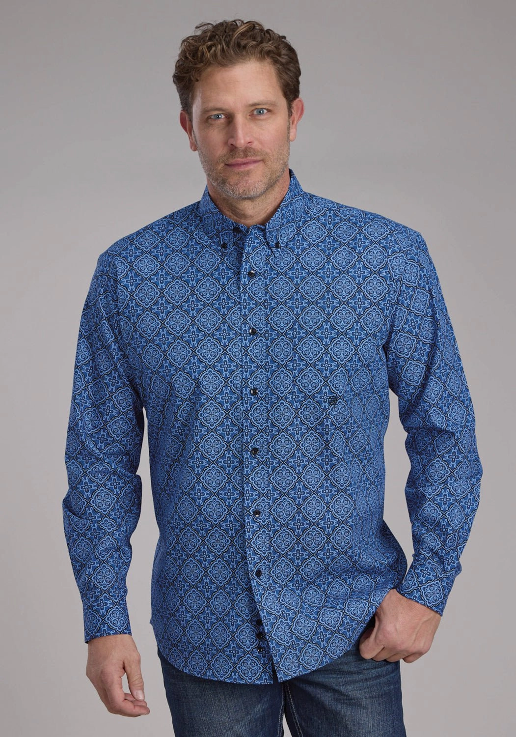 Roper Mens 2251 Sapphire Ornamental Blue 100% Cotton 1 Pkt L/S Shirt Simple Elegance