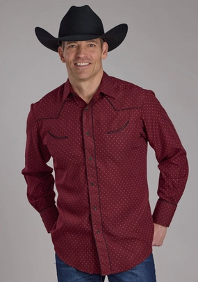 Roper Mens 2287 Dot Print Fancy Wine Poly/Cotton L/S Shirt Clean Lines Mature Elegance Roper Mens 2287 Dot Print Fancy Wine Poly/Cotton L/S Shirt