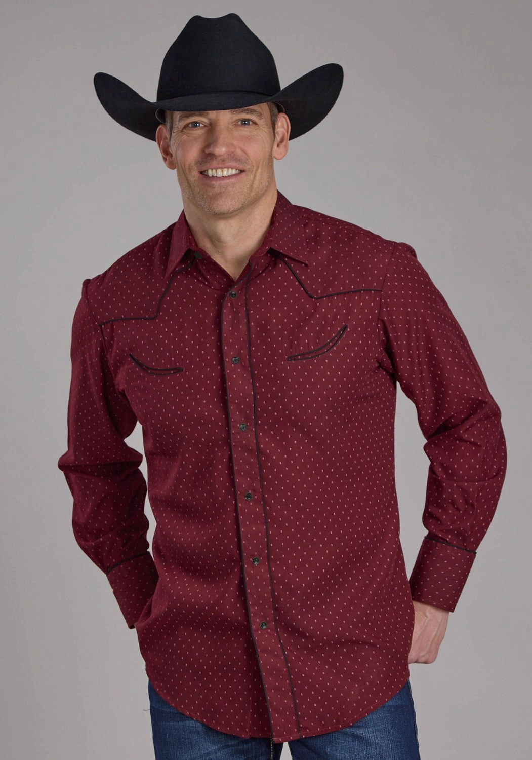 Mature Elegance Roper Mens 2287 Dot Print Fancy Wine Poly/Cotton L/S Shirt