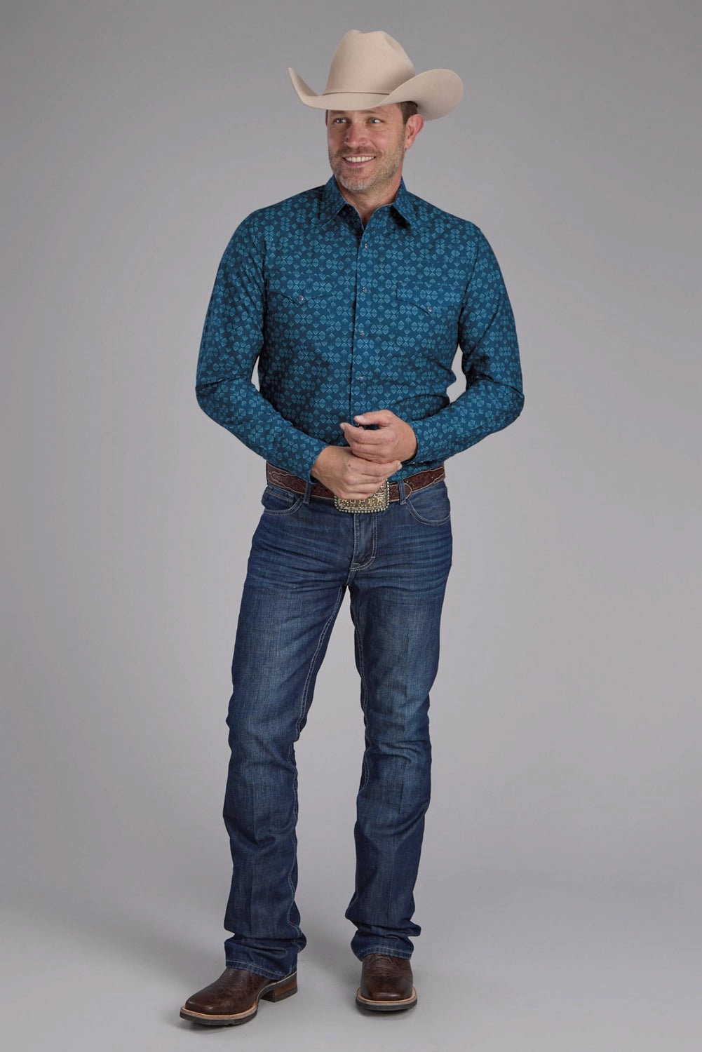 Roper Mens 2350 Diamond Print Blue 100% Cotton L/S Shirt Fashion Essential