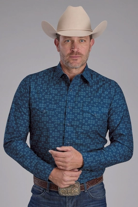 Roper Mens 2350 Diamond Print Blue 100% Cotton L/S Shirt Autumn Cozy Roper Mens 2350 Diamond Print Blue 100% Cotton L/S Shirt Graduation Ceremony