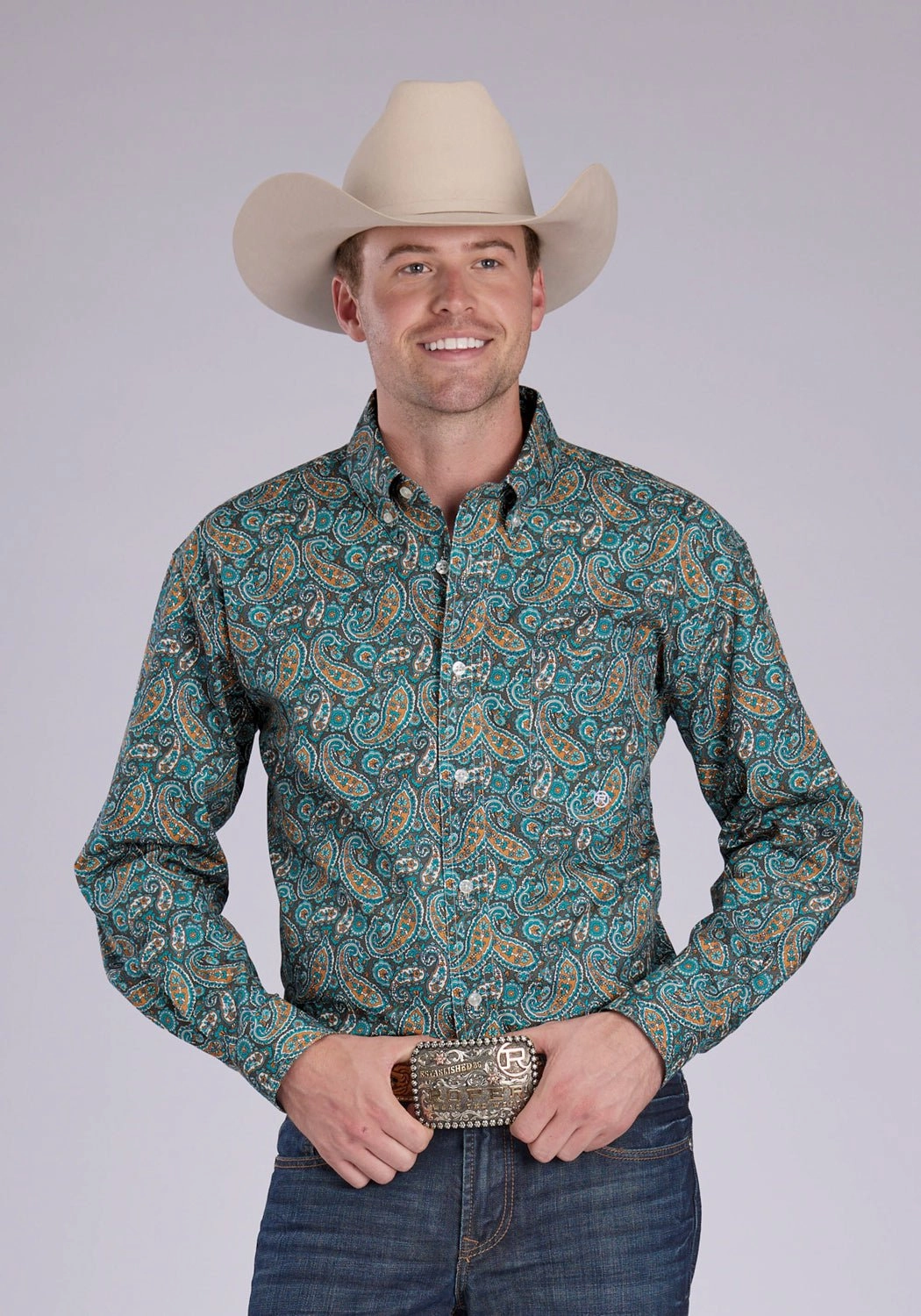 Roper Mens 2382 Dusk Paisley Turquoise 100% Cotton 1 Pkt L/S Shirt Minimal Design