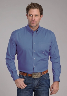 Roper Mens 2388 Solid Poplin Periwinkle Cotton Blend 1 Pkt L/S Shirt Everyday Layer Multipocket Style Ergonomic Sleeve Cut Roper Mens 2388 Solid Poplin Periwinkle Cotton Blend 1 Pkt L/S Shirt