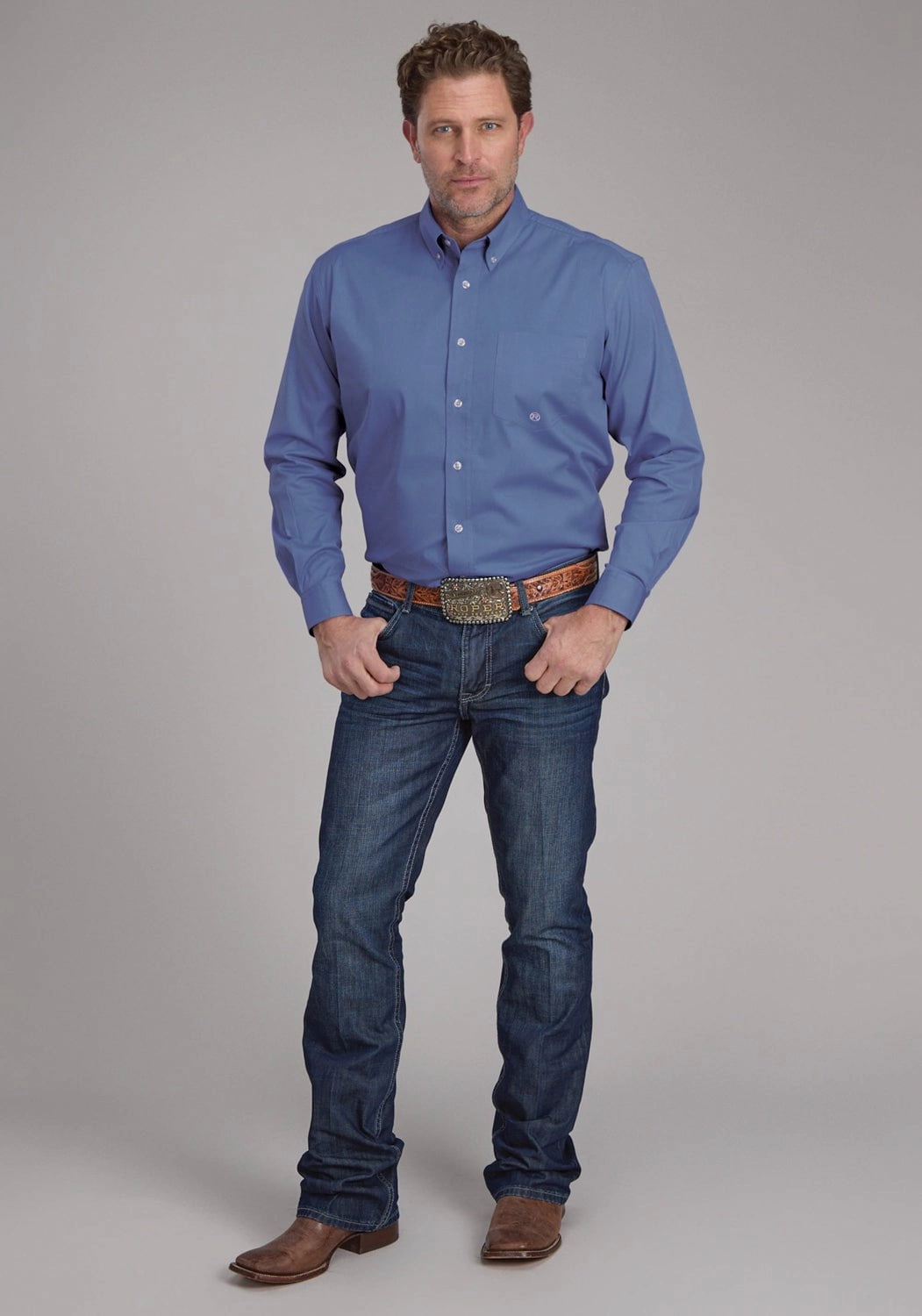 Roper Mens 2388 Solid Poplin Periwinkle Cotton Blend 1 Pkt L/S Shirt Trendsetter Choice Stylish Comfort