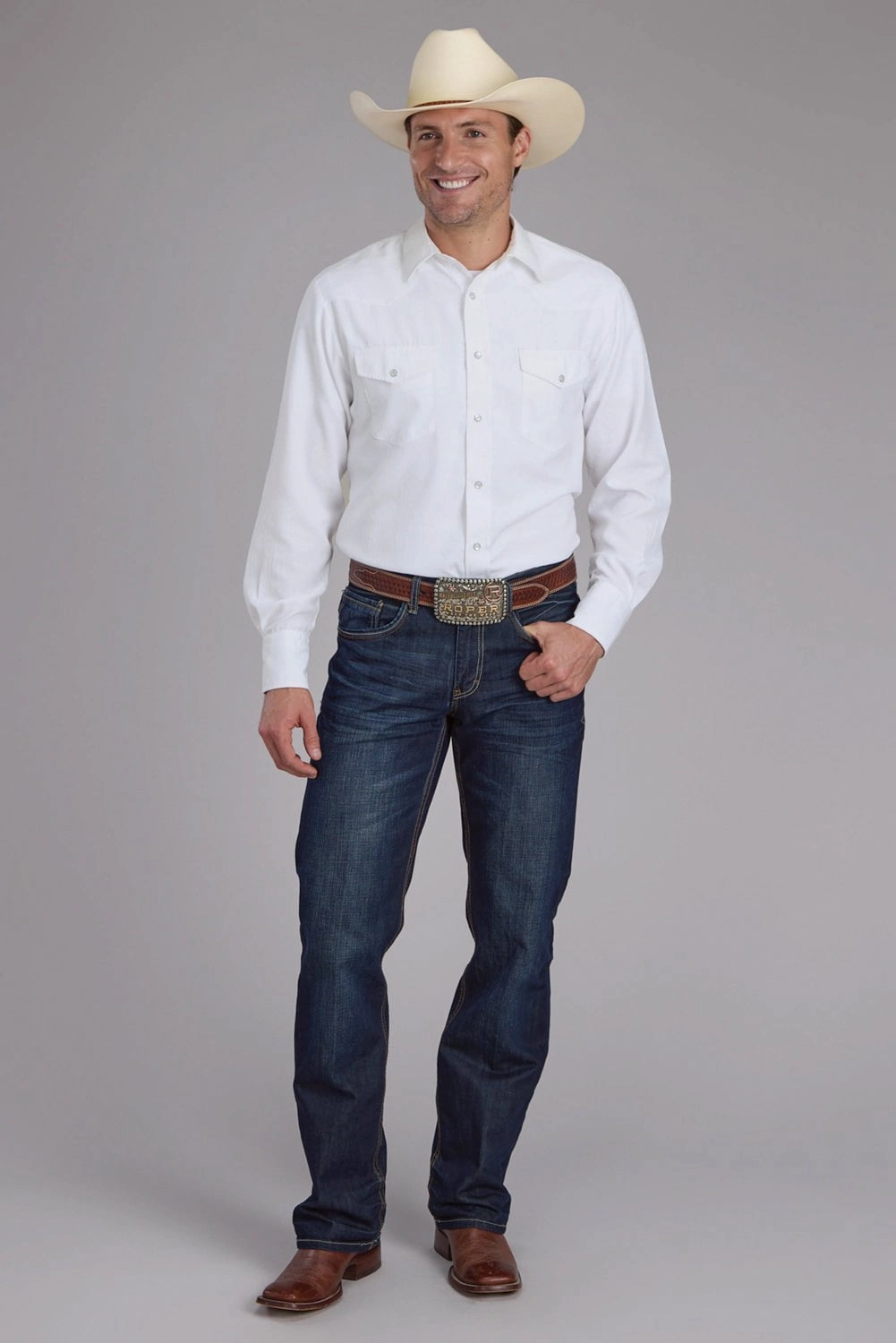 Smooth zipper closure Roper Mens 2401A Tone on Tone White Poly/Cotton L/S Shirt