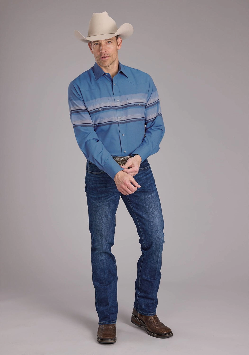 Roper Mens 2404 Border Stripe Blue Cotton Blend L/S Shirt All-Weather Ready Country Charm
