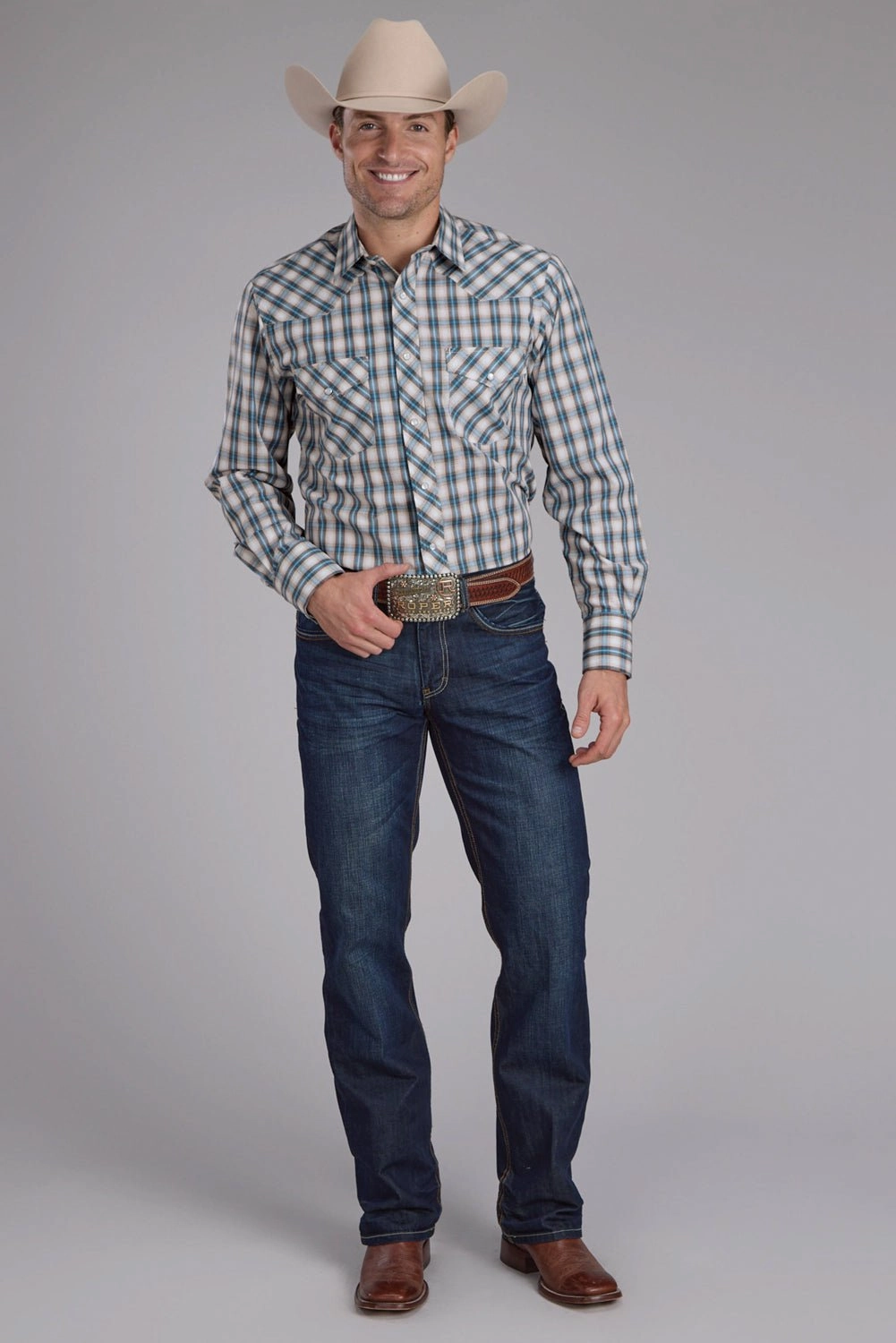 Essential Fit Roper Mens 2405 Plaid Turquoise Cotton Blend L/S Shirt