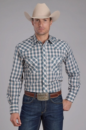Roper Mens 2405 Plaid Turquoise Cotton Blend L/S Shirt Hidden Buttonholes Black Tie Optional Roper Mens 2405 Plaid Turquoise Cotton Blend L/S Shirt