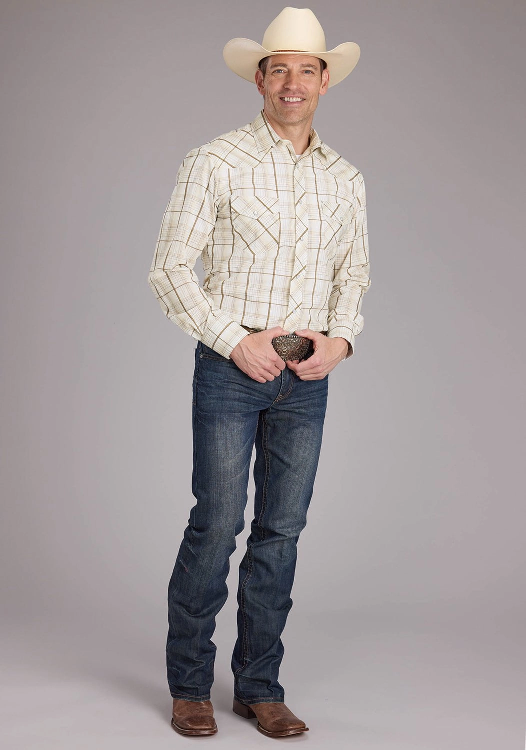 Roper Mens 2406 Neutral Plaid Tan Cotton Blend L/S Shirt Anti Pilling Treatment Graphic Art