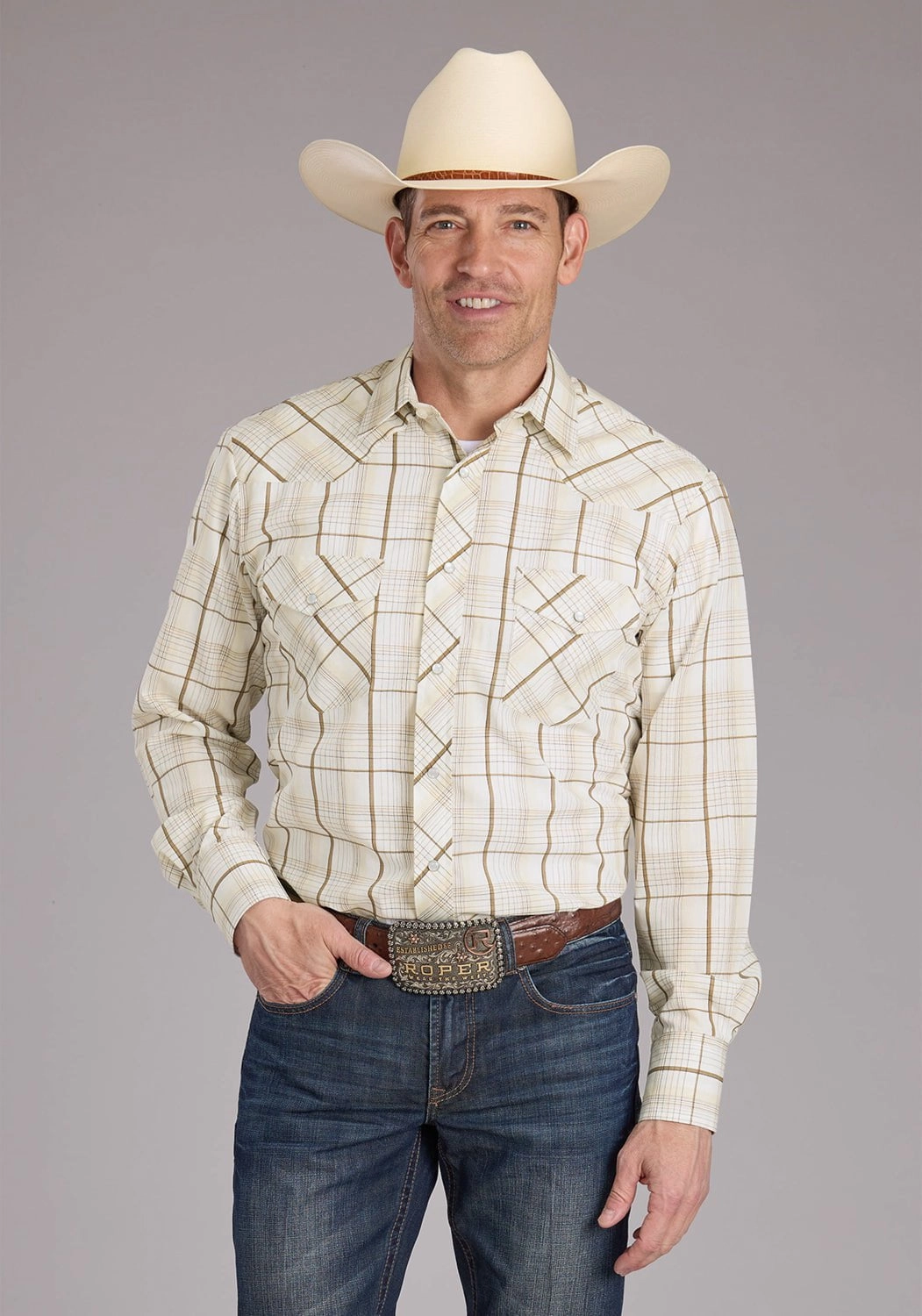 Anti Static Finish Roper Mens 2406 Neutral Plaid Tan Cotton Blend L/S Shirt