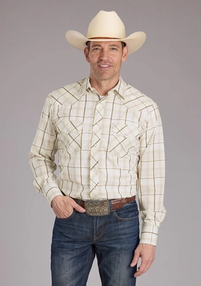 Roper Mens 2406 Neutral Plaid Tan Cotton Blend L/S Shirt Party-Ready Anti Static Finish Roper Mens 2406 Neutral Plaid Tan Cotton Blend L/S Shirt