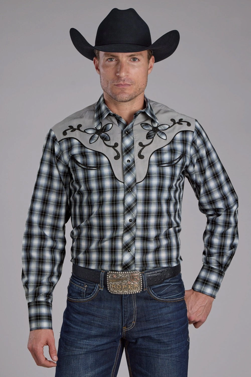Roper Mens 2407 Fancy Floral Black Cotton Blend L/S Shirt Tagless Labeling Breathable Material