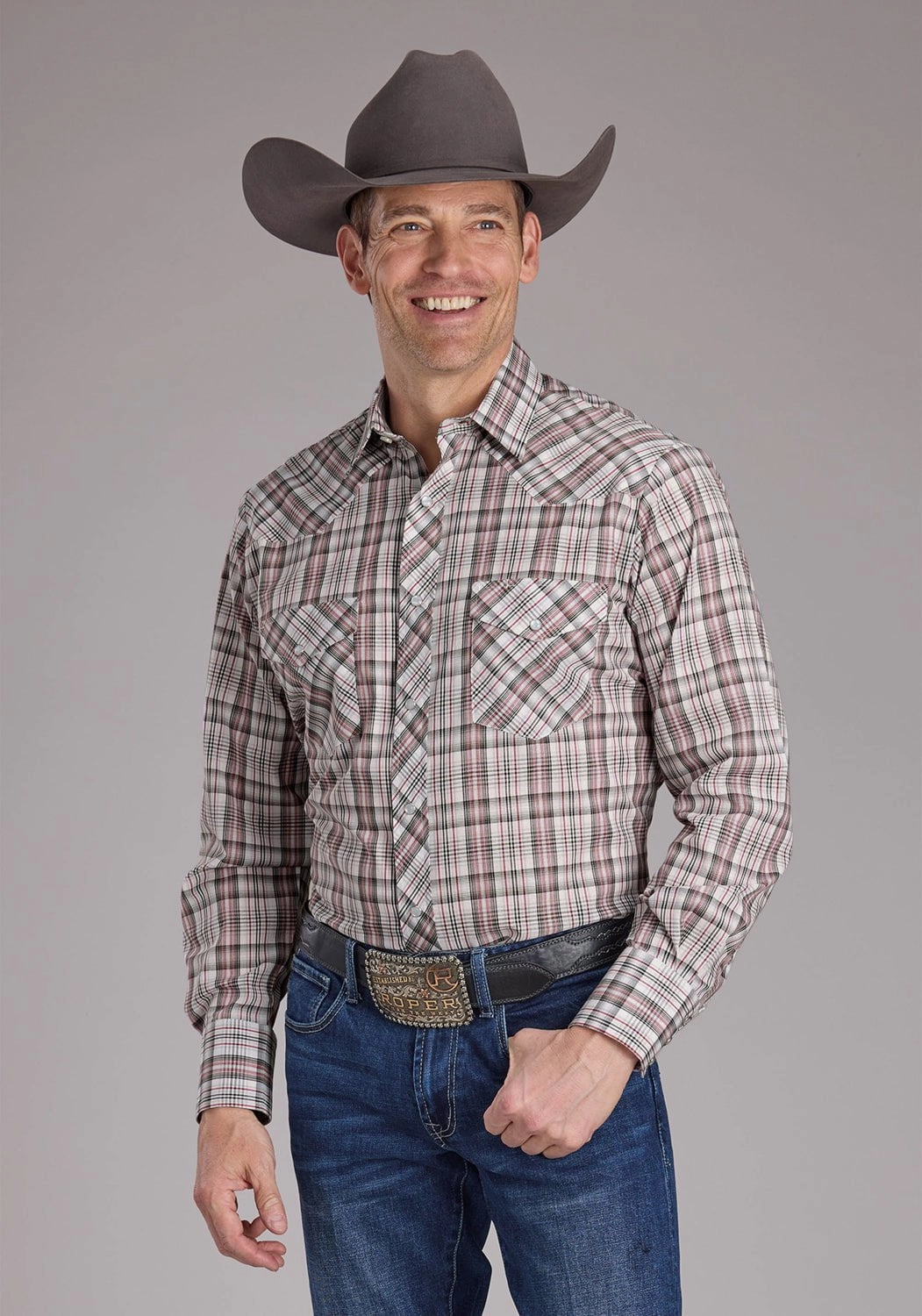 Roper Mens 2409 Plaid White/Red Cotton Blend L/S Shirt Seasonal Collection