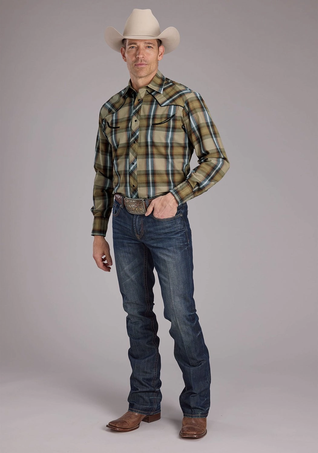 Active Lifestyle Youthful Style Roper Mens 2410 Plaids Tan Cotton Blend Fancy Leaves L/S Shirt