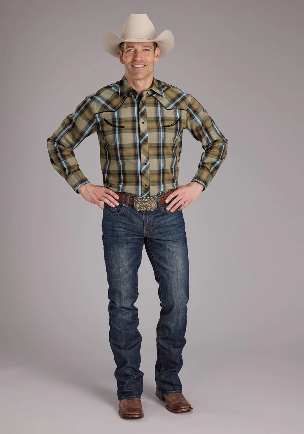 Sophisticated Style Edgy style Roper Mens 2410 Plaids Tan Cotton Blend Fancy Leaves L/S Shirt