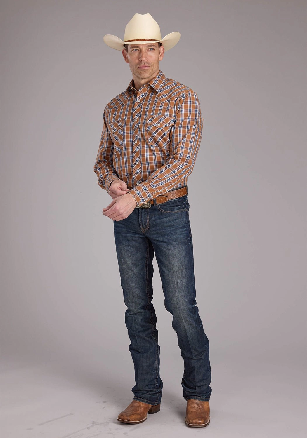 Quick Dry Construction First Date Roper Mens 2411 Plaid Rust Cotton Blend L/S Shirt