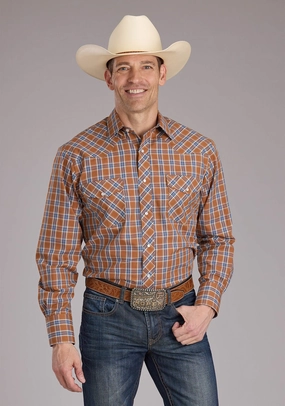 Roper Mens 2411 Plaid Rust Cotton Blend L/S Shirt Roll-Up Sleeve Roper Mens 2411 Plaid Rust Cotton Blend L/S Shirt Versatile Styling Anti Cling Fabric