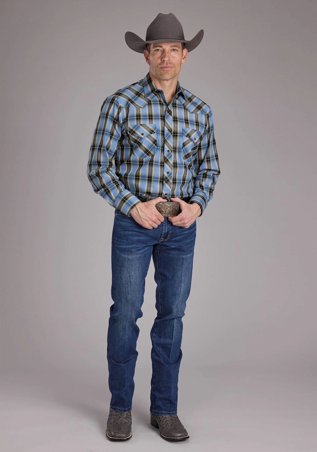 Roper Mens 2412 Plaid Blue Cotton Blend L/S Shirt Fade Resistant Formula