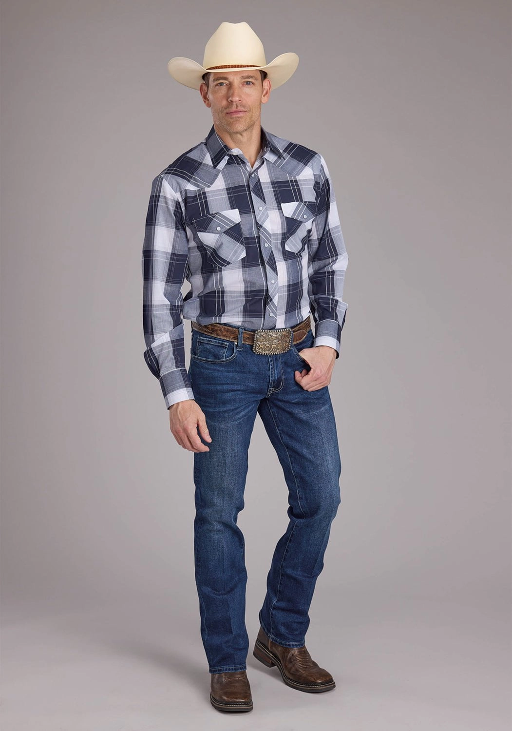 Roper Mens 2413 Windowpane Plaid Navy/White Cotton Blend L/S Shirt Fashion Forward