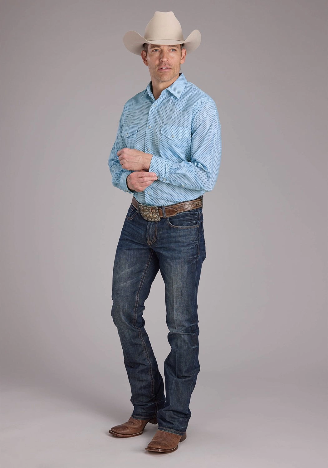 Roper Mens 2427 Mini Cross Blue Cotton Blend L/S Shirt Spring Trend